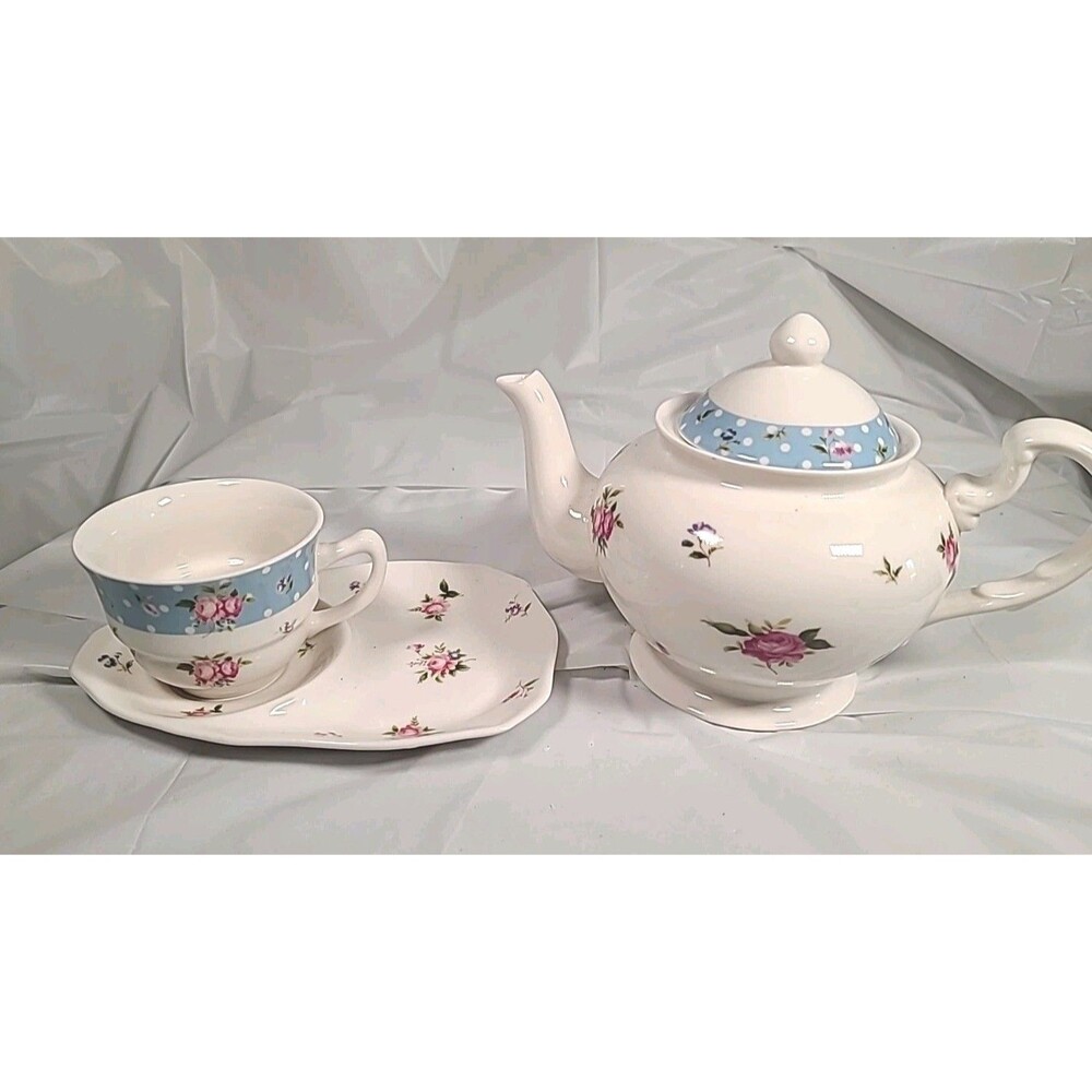 4 Pc Porcelain Teapot/ Cup/ Plate By Nantucket Home - Floral Rose Design